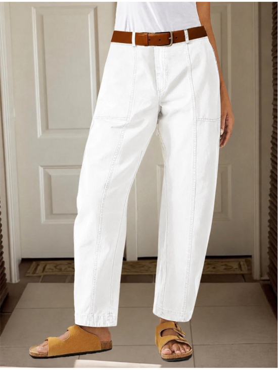 Flamingals Denim - Flamingals White Mid Waist Carrot Straight Leg Pants Casual Fashion Trendy S